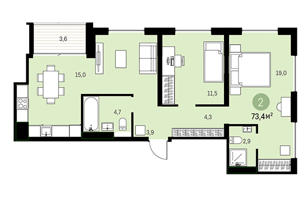 2-комнатная квартира 73,40 м² в Европейский берег. Планировка