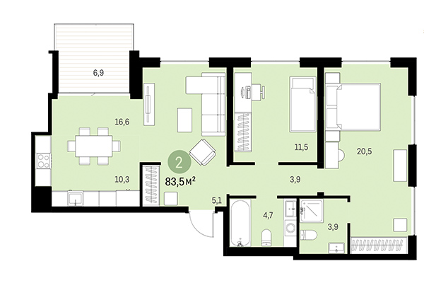 2-комнатная квартира 83,50 м² в Европейский берег. Планировка