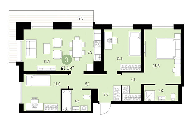 2-комнатная квартира 91,10 м² в Европейский берег. Планировка