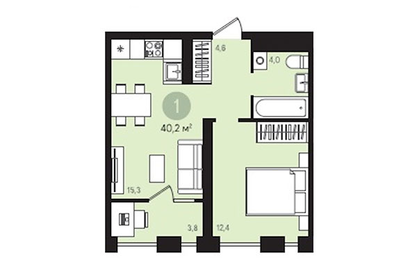 1-комнатная квартира 40,20 м² в Квартал Лебедевский. Планировка