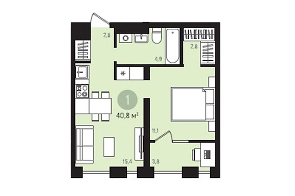 1-комнатная квартира 40,81 м² в Квартал Лебедевский. Планировка