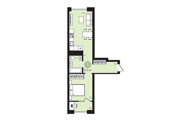 1-комнатная квартира 47,01 м² в Квартал Лебедевский. Планировка