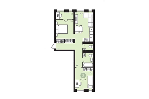 2-комнатная квартира 61,70 м² в Квартал Лебедевский. Планировка