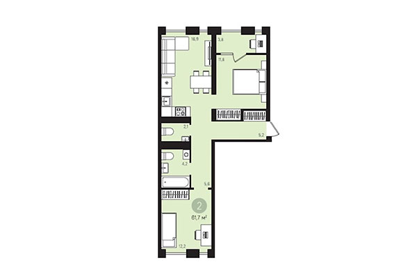 2-комнатная квартира 61,71 м² в Квартал Лебедевский. Планировка