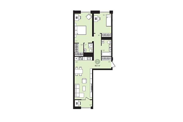 2-комнатная квартира 83,10 м² в Квартал Лебедевский. Планировка