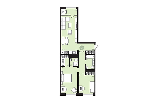 2-комнатная квартира 83,21 м² в Квартал Лебедевский. Планировка