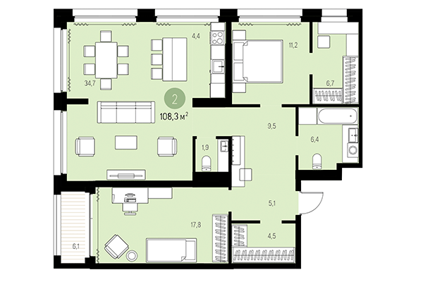 2-комнатная квартира 108,30 м² в Квартал Мылзавод. Планировка