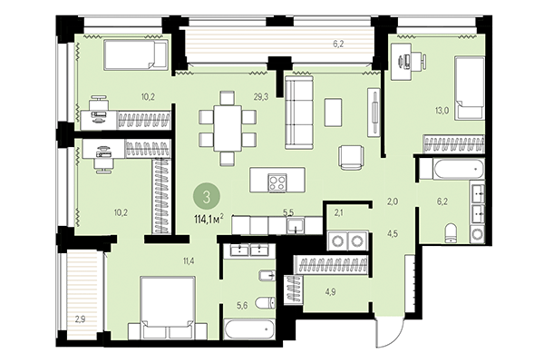 3-комнатная квартира 114,10 м² в Квартал Мылзавод. Планировка