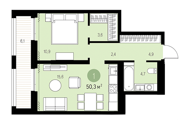 1-комнатная квартира 50,30 м² в Квартал Мылзавод. Планировка