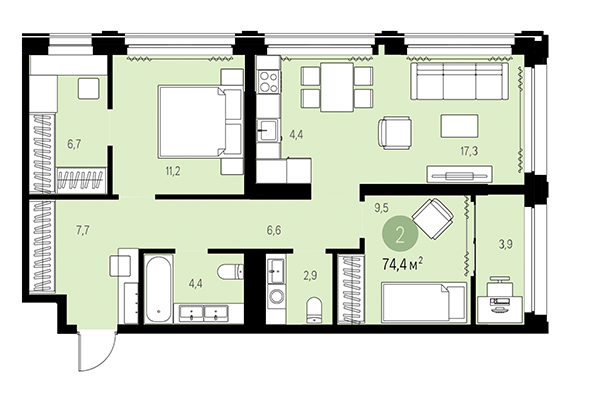 2-комнатная квартира 74,40 м² в Квартал Мылзавод. Планировка
