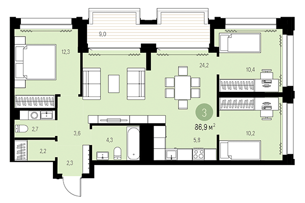 3-комнатная квартира 86,90 м² в Квартал Мылзавод. Планировка