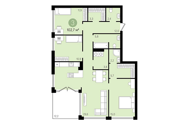 3-комнатная квартира 102,70 м² в Квартал Никитина. Планировка