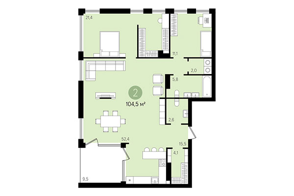 2-комнатная квартира 104,50 м² в Квартал Никитина. Планировка