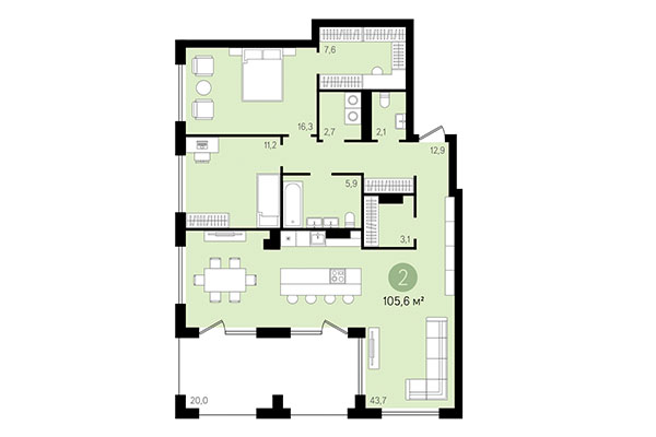 2-комнатная квартира 105,60 м² в Квартал Никитина. Планировка