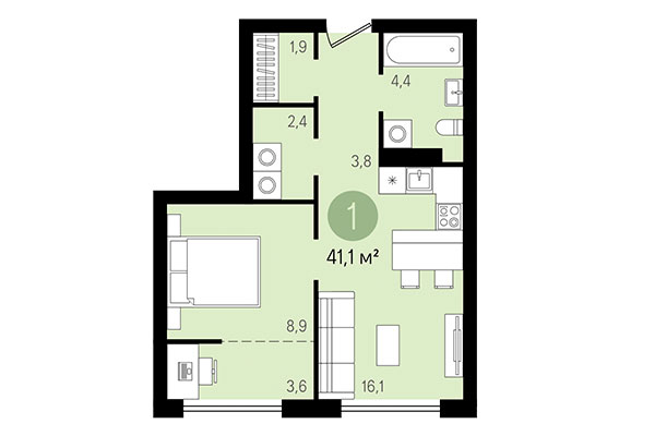 1-комнатная квартира 41,10 м² в Квартал Никитина. Планировка