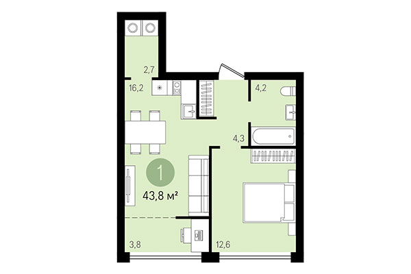 1-комнатная квартира 43,81 м² в Квартал Никитина. Планировка