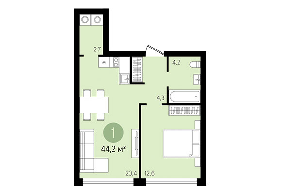 1-комнатная квартира 44,20 м² в Квартал Никитина. Планировка