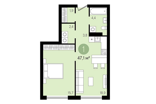 1-комнатная квартира 47,10 м² в Квартал Никитина. Планировка