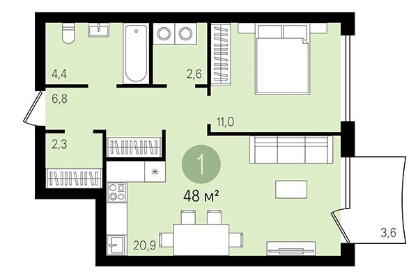 1-комнатная квартира 48,02 м² в Квартал Никитина. Планировка