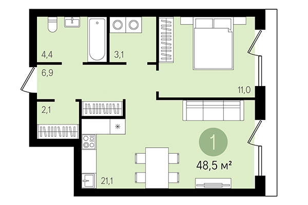 1-комнатная квартира 48,50 м² в Квартал Никитина. Планировка