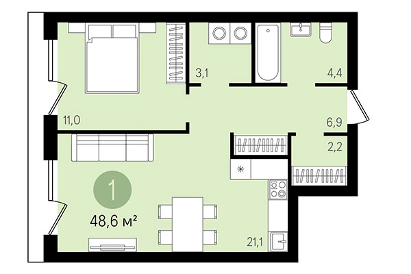 1-комнатная квартира 48,60 м² в Квартал Никитина. Планировка