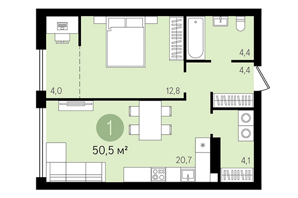 1-комнатная квартира 50,50 м² в Квартал Никитина. Планировка