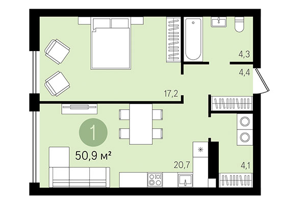 1-комнатная квартира 50,90 м² в Квартал Никитина. Планировка