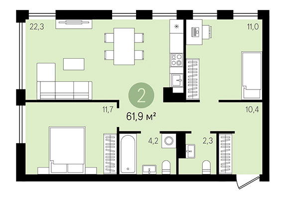 2-комнатная квартира 61,90 м² в Квартал Никитина. Планировка