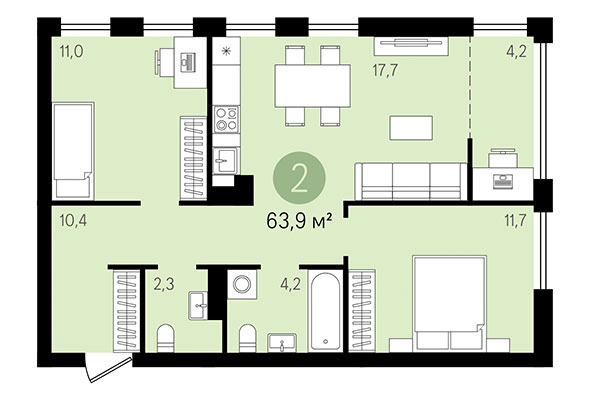 2-комнатная квартира 63,90 м² в Квартал Никитина. Планировка