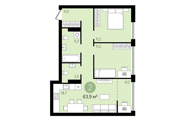 2-комнатная квартира 63,91 м² в Квартал Никитина. Планировка