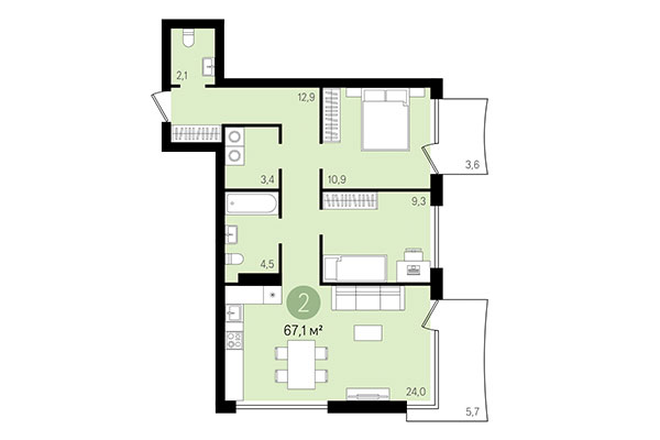 2-комнатная квартира 67,10 м² в Квартал Никитина. Планировка