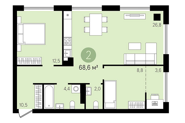 2-комнатная квартира 68,60 м² в Квартал Никитина. Планировка