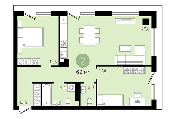 2-комнатная квартира 69,00 м² в Квартал Никитина. Планировка