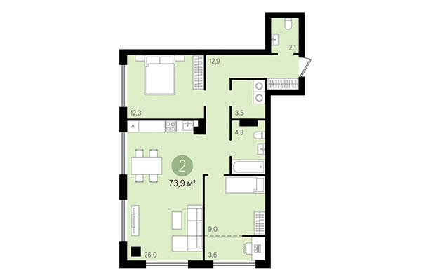 2-комнатная квартира 73,90 м² в Квартал Никитина. Планировка
