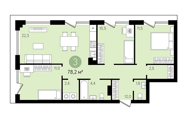 3-комнатная квартира 78,20 м² в Квартал Никитина. Планировка