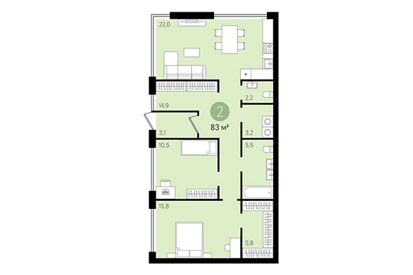 2-комнатная квартира 83,00 м² в Квартал Никитина. Планировка