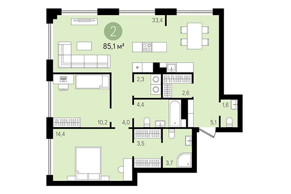 2-комнатная квартира 85,10 м² в Квартал Никитина. Планировка