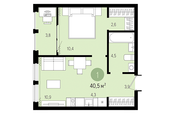 1-комнатная квартира 40,50 м² в Жилой район Пшеница. Планировка