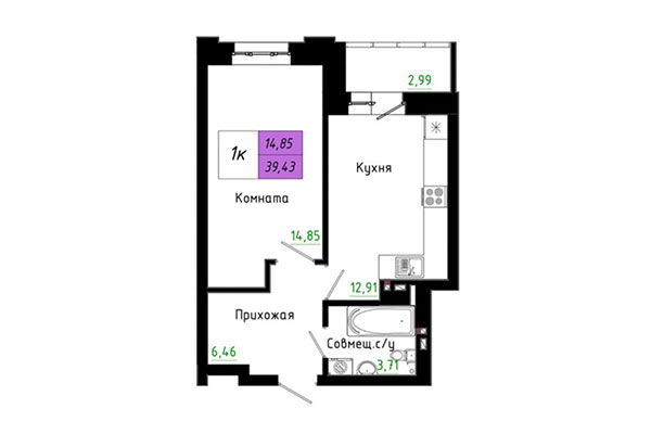 1-комнатная квартира 39,43 м² в ЖК Черёмушки на Первомайке. Планировка