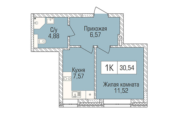 1-комнатная квартира 30,54 м² в ЖК Цивилизация. Планировка