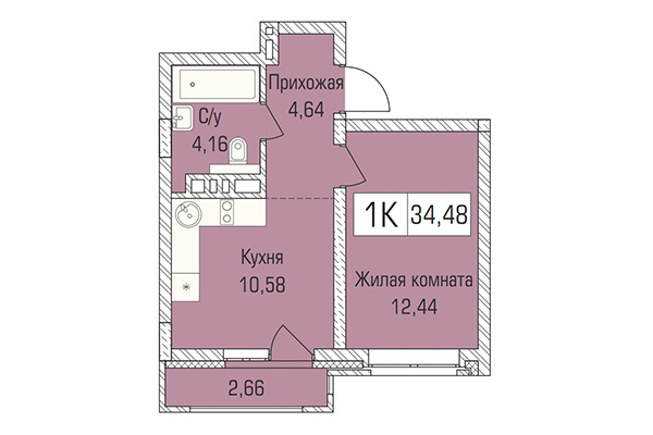 1-комнатная квартира 34,48 м² в ЖК Цивилизация. Планировка