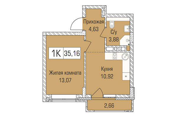 1-комнатная квартира 35,16 м² в ЖК Цивилизация. Планировка