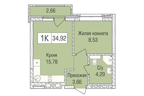 1-комнатная квартира 35,92 м² в ЖК Цивилизация. Планировка