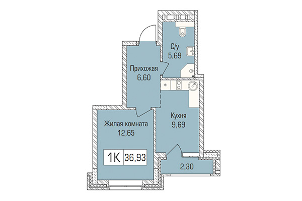 1-комнатная квартира 36,93 м² в ЖК Цивилизация. Планировка