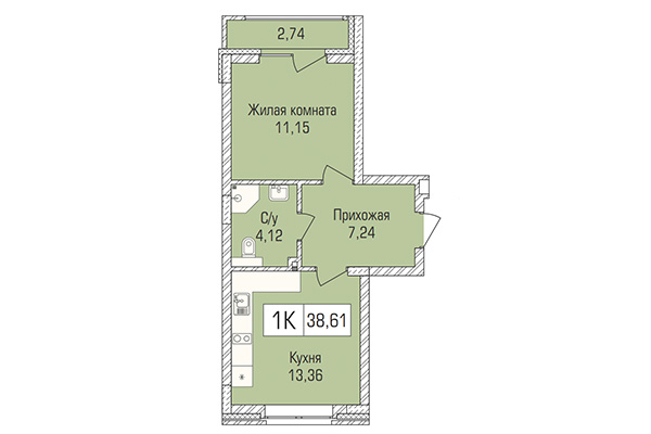 1-комнатная квартира 38,61 м² в ЖК Цивилизация. Планировка