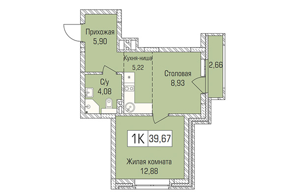 1-комнатная квартира 39,67 м² в ЖК Цивилизация. Планировка