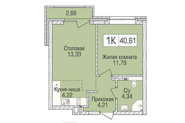 1-комнатная квартира 40,61 м² в ЖК Цивилизация. Планировка