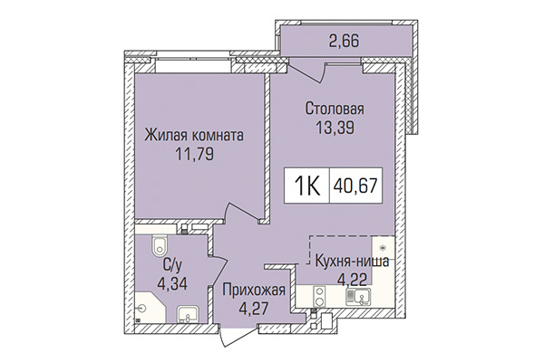 1-комнатная квартира 40,68 м² в ЖК Цивилизация. Планировка