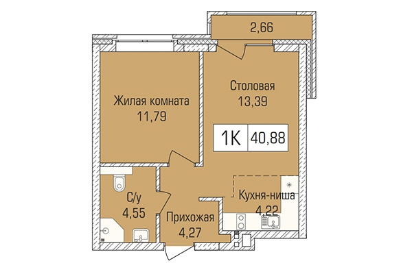 1-комнатная квартира 40,89 м² в ЖК Цивилизация. Планировка