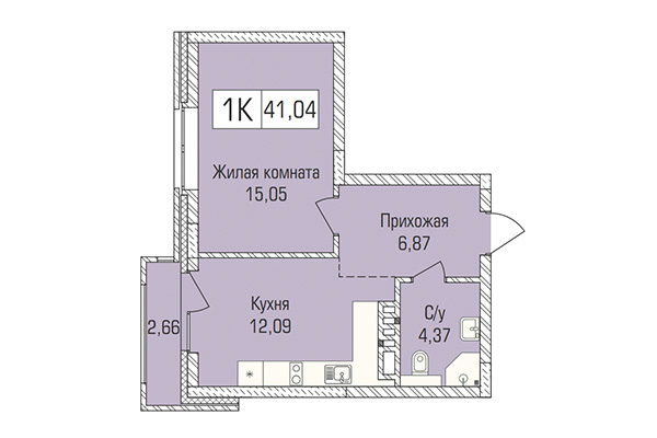 1-комнатная квартира 41,04 м² в ЖК Цивилизация. Планировка